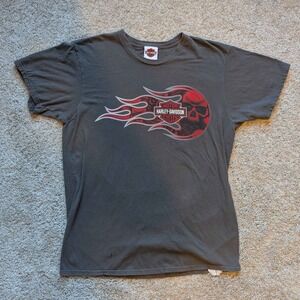 Harley Davidson T-Shirt Mens Large Gray Bayou Country Houma Skull Flames Graphic